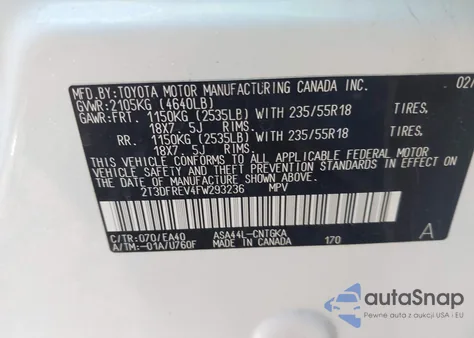 2015 Toyota Rav4 Limited z USA, uszkodzony, nr VIN 2T3DFREV4FW293236